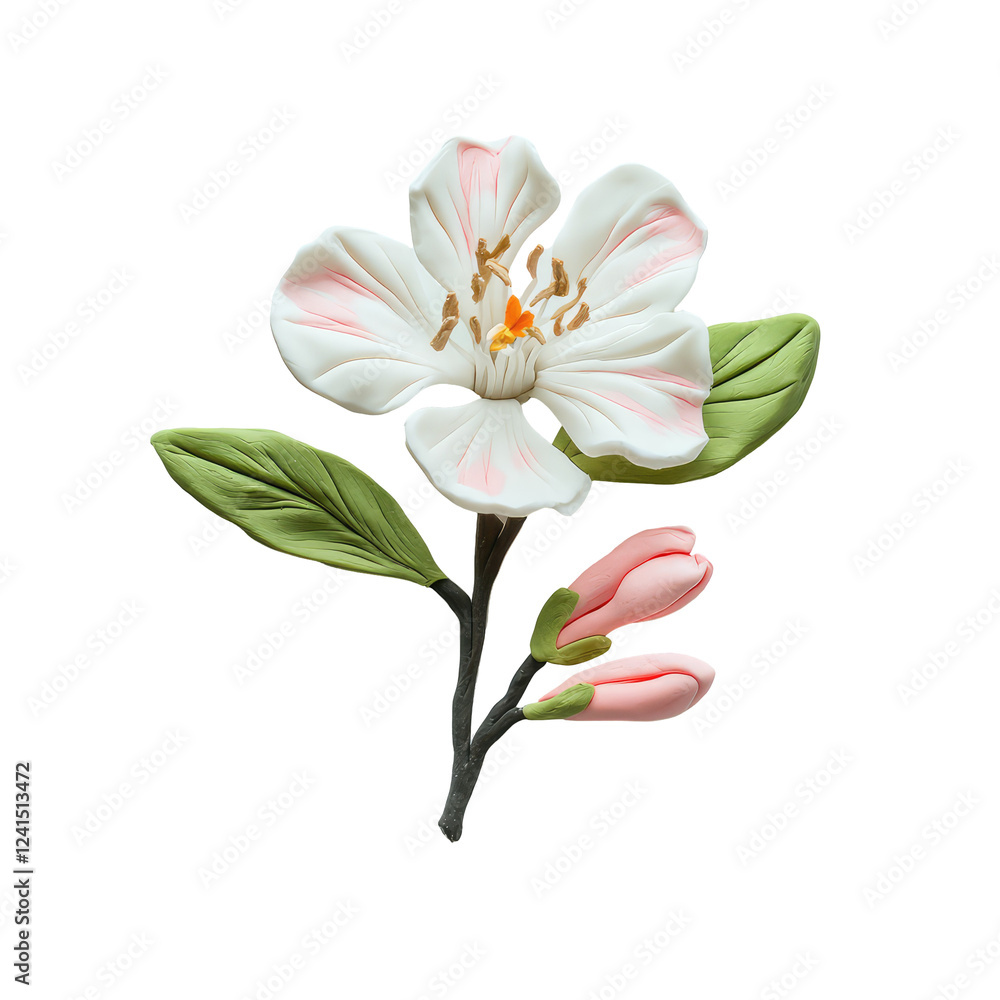 Beautiful White Playdough Flower with Delicate Petals and Green Leaves on a Solid Background Beautiful White Playdough Flower with Delicate Petals and Green Leaves on a Solid Background