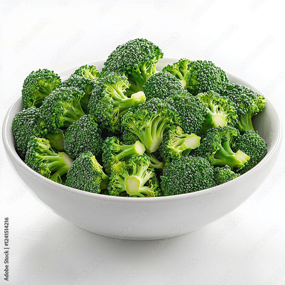 Fresh and vibrant green broccoli occupies a light gray bowl on a simple white surface, inviting healthy eating and nutrition choices for all occasions Fresh and vibrant green broccoli occupies a light gray bowl on a simple white surface, inviting healthy eating and nutrition choices for all occasions