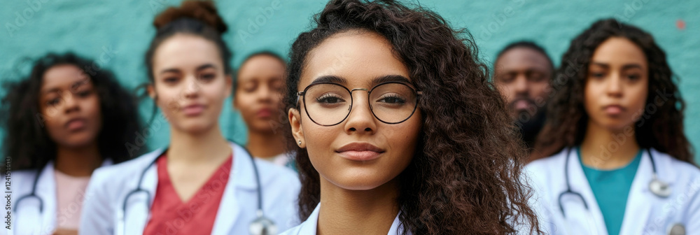 Group of diverse healthcare professionals posing confidently in urban setting during daylight Group of diverse healthcare professionals posing confidently in urban setting during daylight