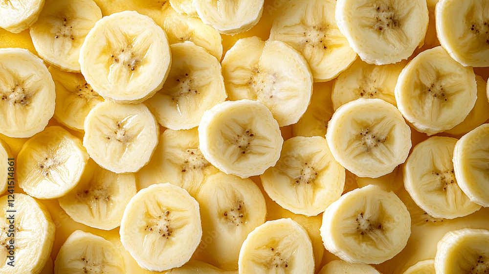 Slices of ripe bananas arranged neatly on a table, showcasing their smooth texture and bright yellow color with a focus on freshness and flavor Slices of ripe bananas arranged neatly on a table, showcasing their smooth texture and bright yellow color with a focus on freshness and flavor