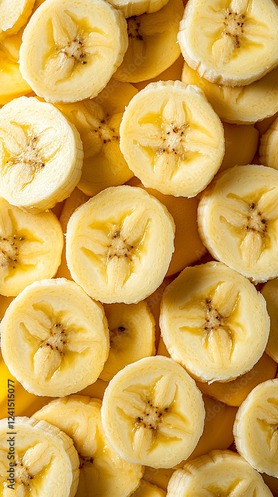 Slices of ripe bananas arranged neatly on a table, showcasing their smooth texture and bright yellow color with a focus on freshness and flavor Slices of ripe bananas arranged neatly on a table, showcasing their smooth texture and bright yellow color with a focus on freshness and flavor