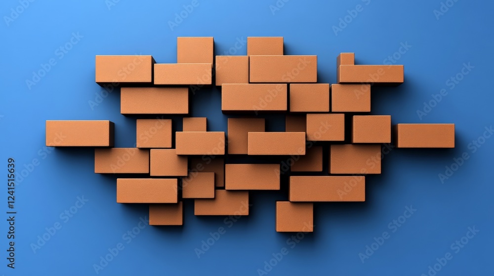 Brick Arrangement: An artistic composition showcasing neatly arranged clay bricks against a contrasting blue background. Brick Arrangement: An artistic composition showcasing neatly arranged clay bricks against a contrasting blue background.