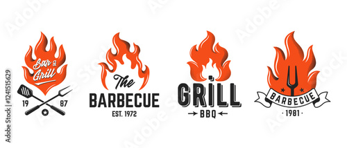 Set of 4 Vector barbecue and smokehouse logo designs with flames, grilling tools. Perfect for BBQ restaurants, smokehouses, and grill branding. Retro barbecue emblem set with fire and utensils.