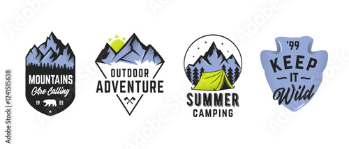 Set of 4 outdoor adventure and camping logos with mountains, tents, typography, and vintage designs. Perfect for hiking clubs, nature explorers, and outdoor branding. Vector illustration photo