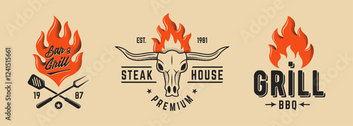 Set of 3 Vector barbecue and smokehouse logo designs with flames, grilling tools. Perfect for BBQ restaurants, smokehouses, and grill branding. Retro barbecue emblem set with fire and utensils. 