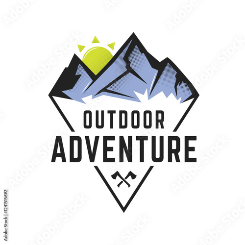 Outdoor adventure logo with mountain peaks, sun, and ice axes. Perfect for trekking clubs, hiking brands, and expedition gear. Outdoor adventure emblem with mountain silhouette. Vector illustration photo