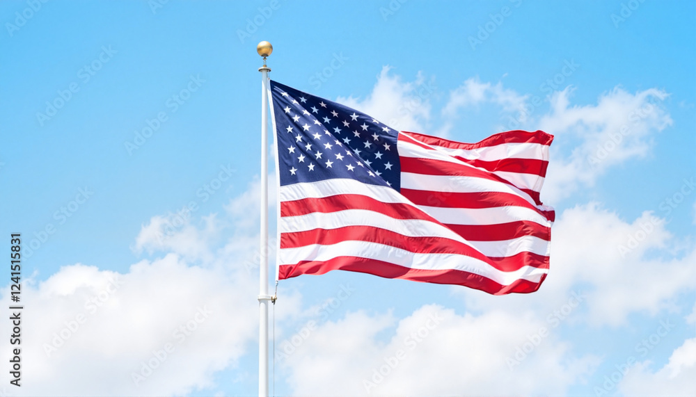 Naklejka premium Waving American flag against bright blue sky, symbolizing freedom, Independence Day