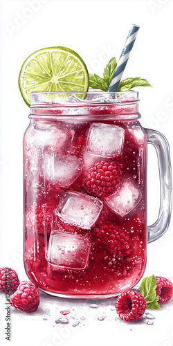 Refreshing raspberry limeade in a mason jar with ice and striped straw