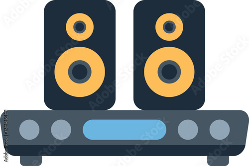 Stereo system is playing audio with two speakers, creating a surround sound experience