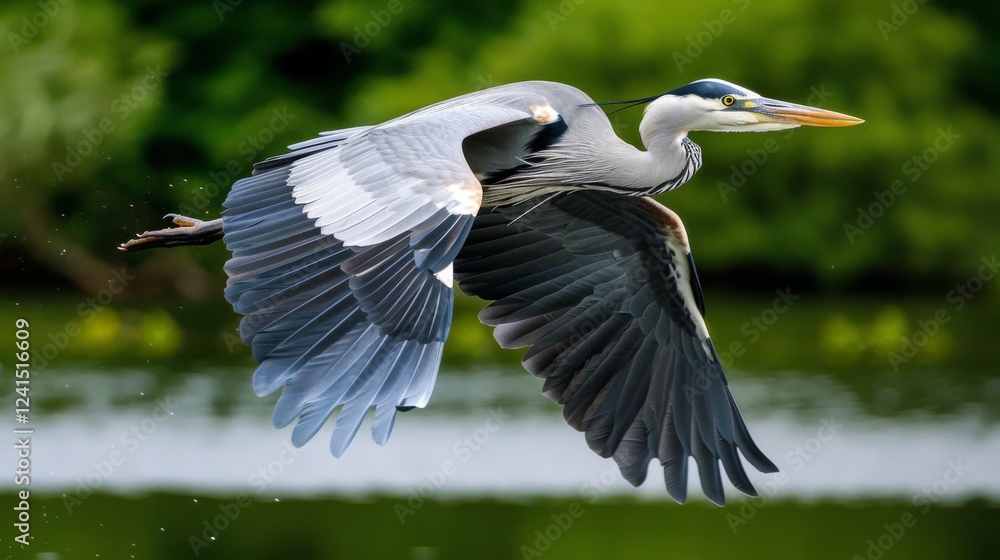 Fototapeta premium Graceful Heron in Flight: A Majestic Moment Captured in Nature's Embrace