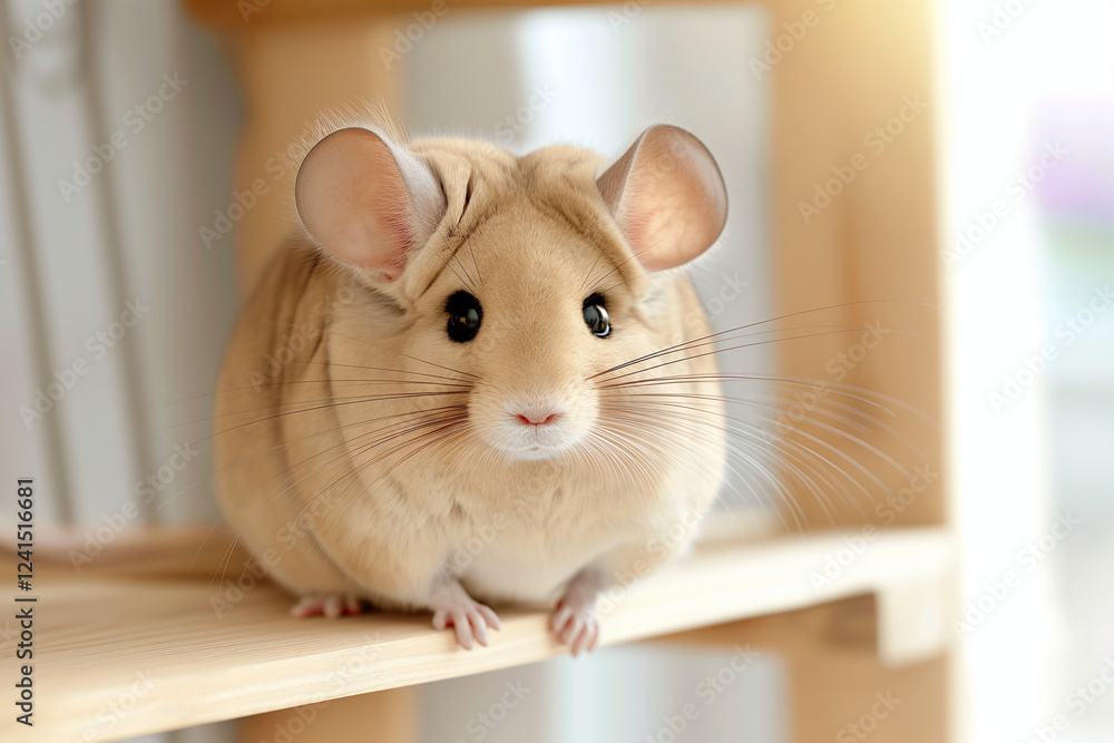 Fototapeta premium Adorable beige chinchilla perched on wooden shelf in sunlit room