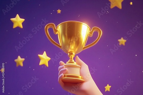 3d minimalistic winner's trophy.  Champion shiny gold cup, winner's award. 3d rendering illustration.