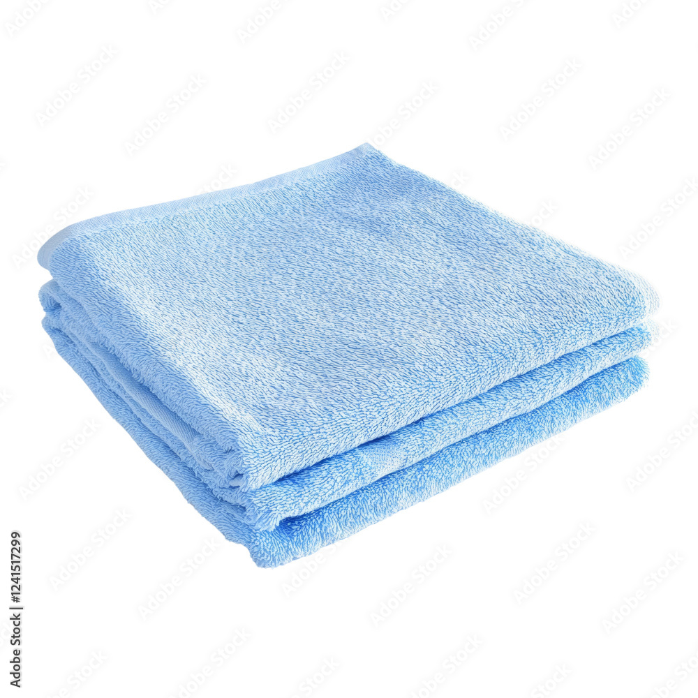 A neatly stacked pile of three light blue, fluffy bath towels, ideal for bathroom use. A neatly stacked pile of three light blue, fluffy bath towels, ideal for bathroom use.