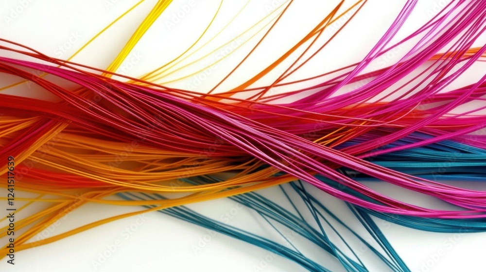 Interwoven colorful threads positioned against a white surface create a stunning abstract design, symbolizing connectivity and vibrant creative expression. Interwoven colorful threads positioned against a white surface create a stunning abstract design, symbolizing connectivity and vibrant creative expression.