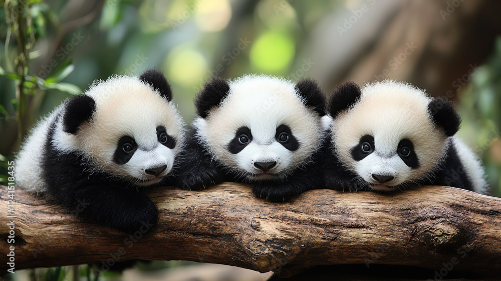 Fototapeta premium Three adorable panda cubs resting on a log