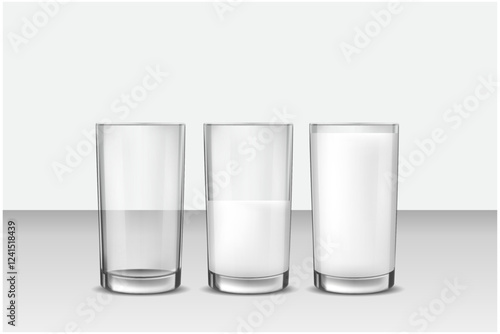 Realistic crear glass of milk isolated on transparent background. Vector illustration