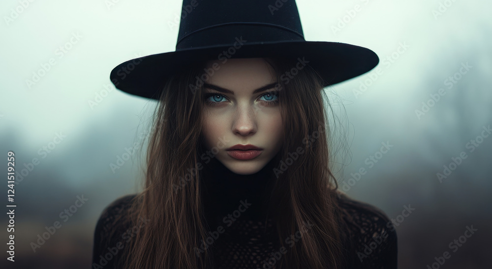 A confident witch in a foggy forest wears a large hat, her long brown hair and captivating blue eyes shining through A confident witch in a foggy forest wears a large hat, her long brown hair and captivating blue eyes shining through