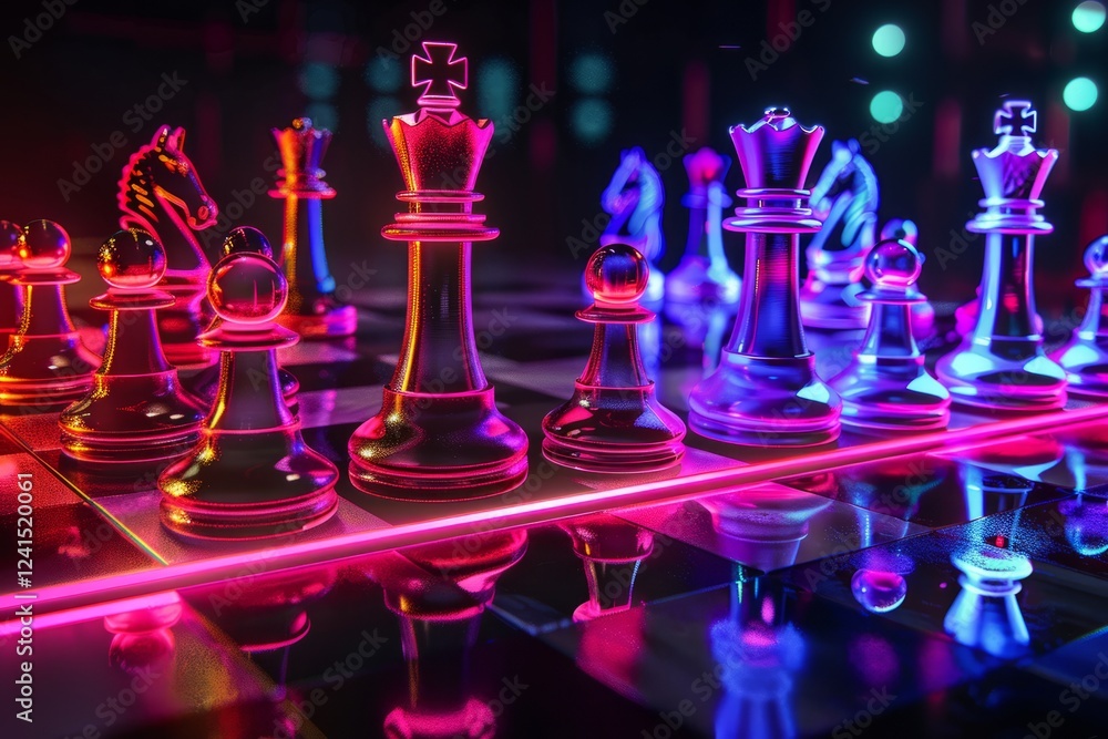 Glass chess pieces are standing on a chessboard with neon pink and blue lights reflecting on the surface, creating a futuristic and strategic atmosphere Glass chess pieces are standing on a chessboard with neon pink and blue lights reflecting on the surface, creating a futuristic and strategic atmosphere
