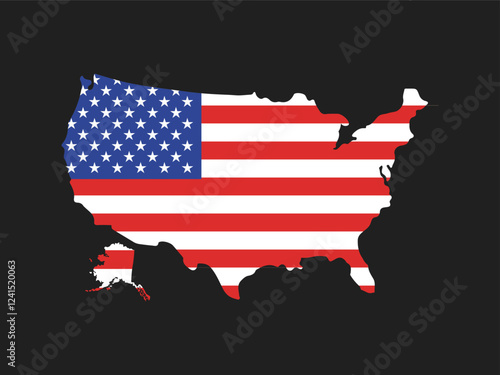 United states map icon with the flag inside isolated on white and black background.