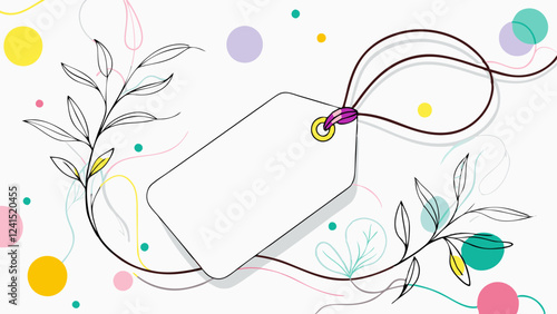 Playful illustrated blank gift tag with floral elements, leaves, and dotted confetti on light background. Concepts: celebration design, decorative stationery, party label, gift wrapping, hand-drawn 