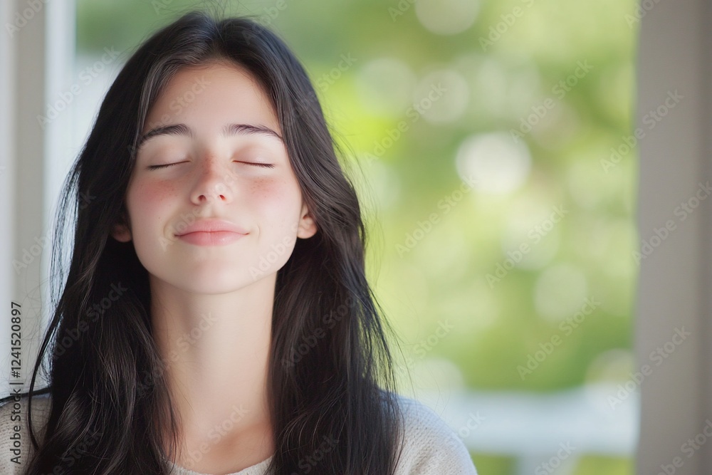 Woman serenity eyes closed, nature bokeh background, calm peaceful mood, wellbeing Woman serenity eyes closed, nature bokeh background, calm peaceful mood, wellbeing