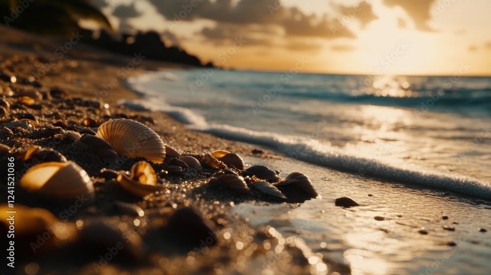 Sunset on a Beach with Seashells and Gentle Ocean Waves Sunset on a Beach with Seashells and Gentle Ocean Waves