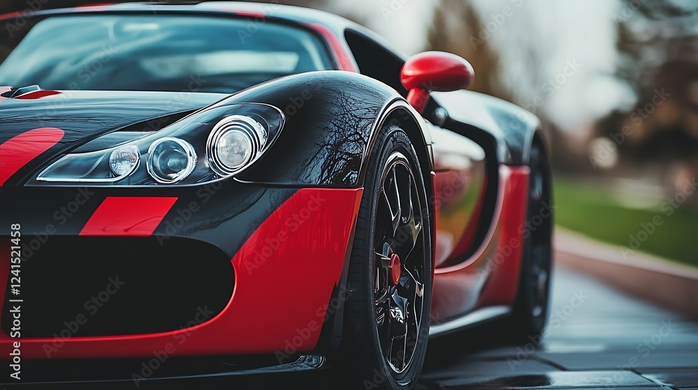 Close-up of a sleek, red and black sports car parked outdoors. Close-up of a sleek, red and black sports car parked outdoors.