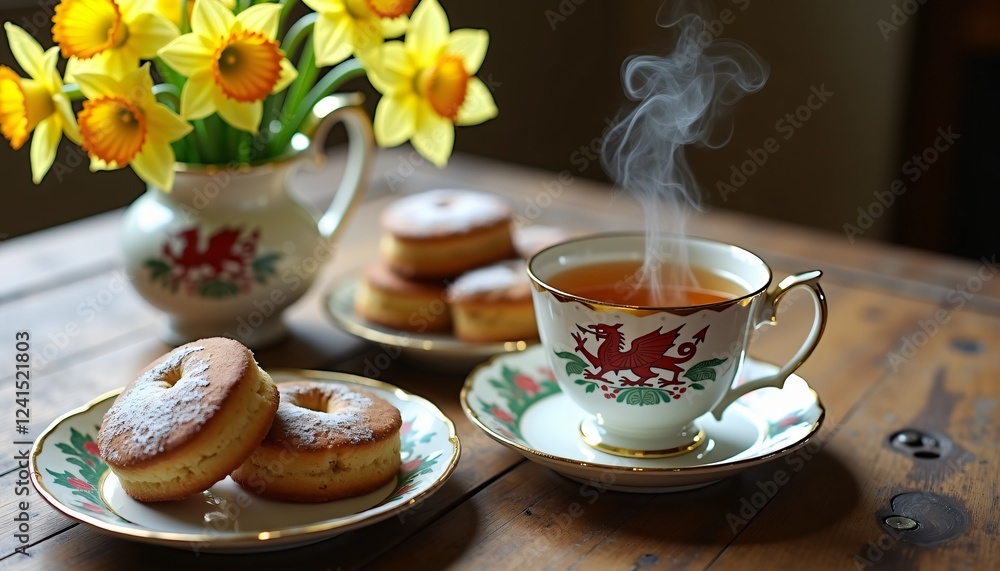 Welsh tea time with traditional cakes and daffodils on a rustic table Welsh tea time with traditional cakes and daffodils on a rustic table