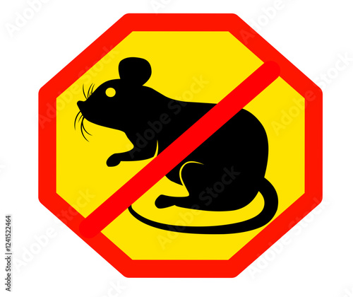 No rat sign. Pest warning sign. Anti pest symbol. Stop rat icon. Rat silhouette in pest control sign, Rat vector graphic, isolated on white background, black warning sign in red, for graphic icon