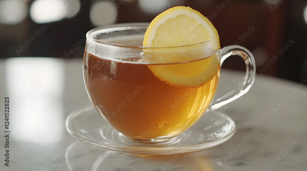 Lemon and ginger tea with honey served in a clear glass teacup, garnished with a lemon wheel. Lemon and ginger tea with honey served in a clear glass teacup, garnished with a lemon wheel.