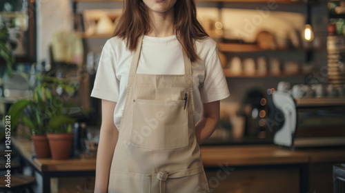 Woman in empty apron. Copy space in white uniform. Kitchen or restaurant worker with copyspace apron. Waiter wearing black mockup wear for brand or label