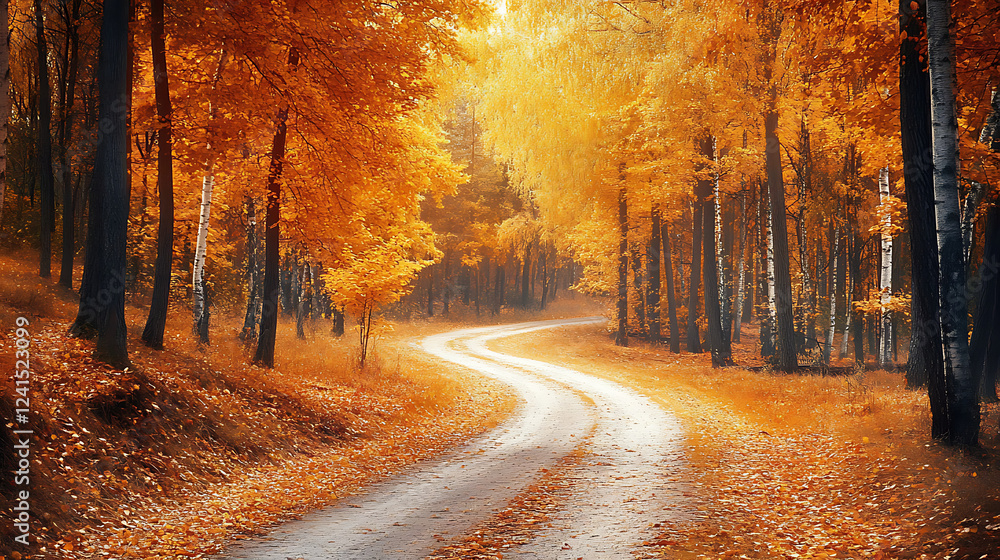 Winding Autumn Road Through Golden Forest Winding Autumn Road Through Golden Forest