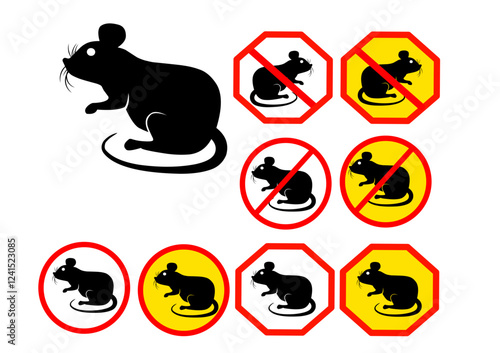 No rat sign. Pest warning sign. Anti pest symbol. Stop rat icon. Rat silhouette in pest control sign, Rat vector graphic, isolated on white background, black warning sign in red, for graphic icon