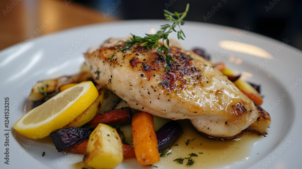 Lemon and honey glazed chicken served with roasted vegetables and a fresh lemon garnish. Lemon and honey glazed chicken served with roasted vegetables and a fresh lemon garnish.