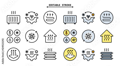 HVAC icons set. Editable stroke. Commercial services. Heating and cooling system. Air conditioning. Isolated vector illustrations. Simple flat icons for templates, web design, logo and infographics.