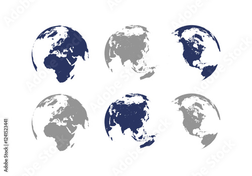 Set of transparent globes of Earth. Realistic world map in globe shape with transparent texture and shadow