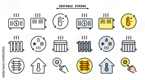 Hvac color icons set. Editable stroke. Home Heating Icon collection. Perfect for logos, stats and infographics. Simple signs for templates, web design, logo.