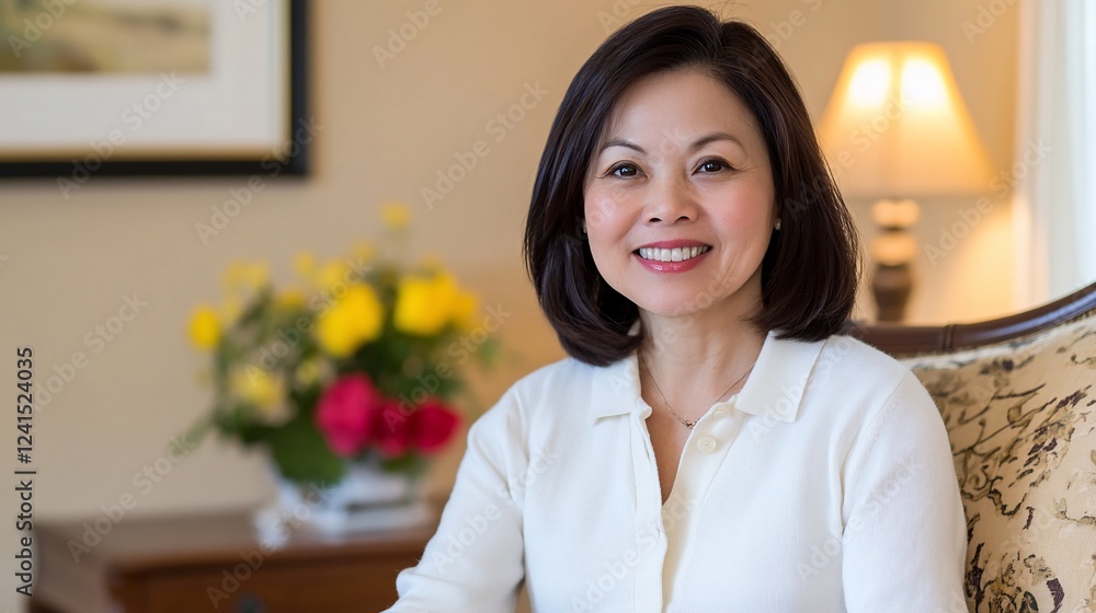 Smiling woman portrait, home interior, flowers Smiling woman portrait, home interior, flowers