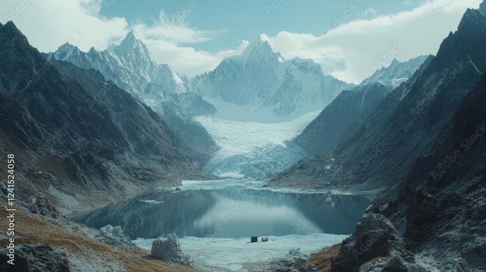 Majestic Mountain Landscape with Glacial Lake and Snow-Capped Peaks Majestic Mountain Landscape with Glacial Lake and Snow-Capped Peaks
