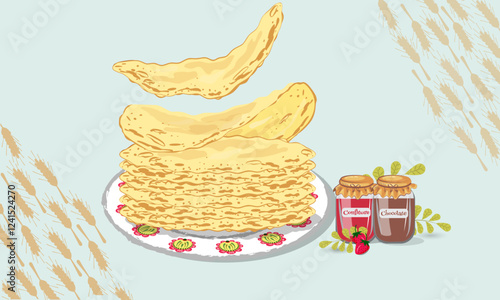 Pancakes. Vector image of French crepes with liquid chocolate sauce and strawberry jam, confiture. For cafe or restaurant menu.