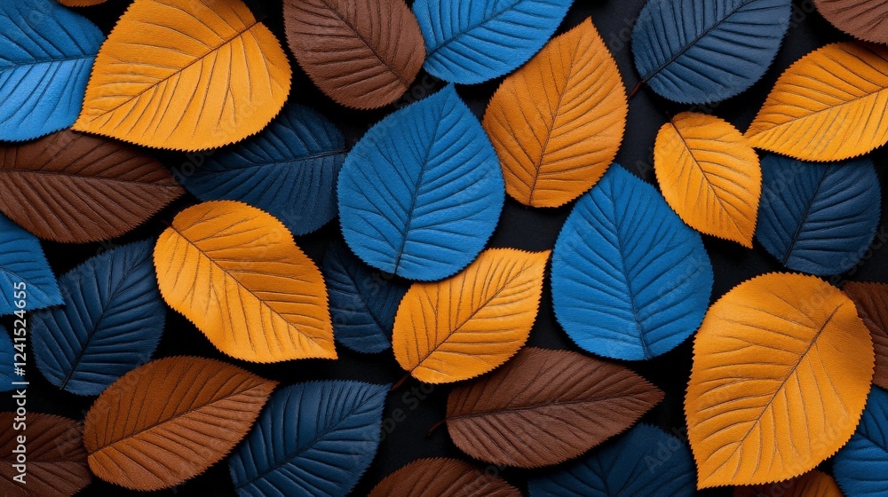 Colorful Autumn Leaves: A stunning display of autumnal leaves in shades of gold, blue, and brown, meticulously arranged to create a rich tapestry of texture and color. Evoking a sense of fall. Colorful Autumn Leaves: A stunning display of autumnal leaves in shades of gold, blue, and brown, meticulously arranged to create a rich tapestry of texture and color. Evoking a sense of fall.