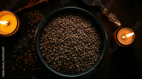 Pile of alsi seeds in a bowl. Brown flaxseed (Linum usitatissimum) for healthy nutrition, shot from above in flat lay style