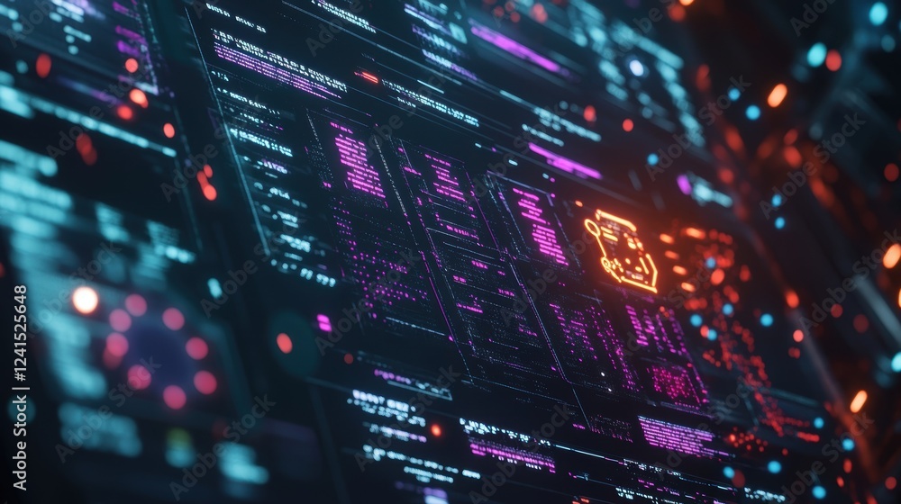 Futuristic digital interface displaying lines of programming code and a robotic arm icon, representing innovative manufacturing processes in a technological environment Futuristic digital interface displaying lines of programming code and a robotic arm icon, representing innovative manufacturing processes in a technological environment