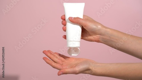 Female hands open white mockup tube of cream and squeeze cream into palm on pink isolated background. Concept of beauty products, face and body skin care. Video for your design