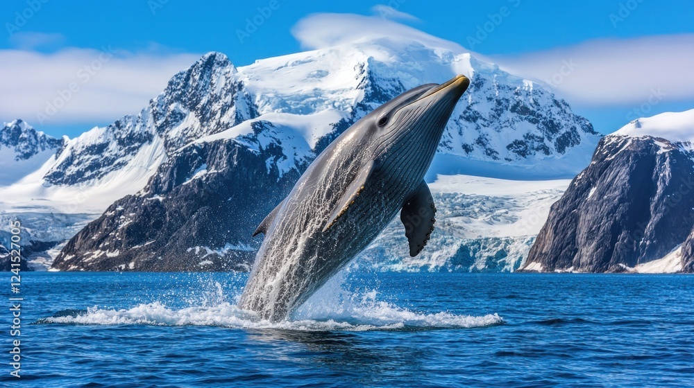 Fototapeta premium Antarctic dolphin leaping, mountains background, wildlife documentary