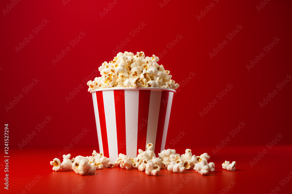 Classic movie theater popcorn in a striped container on a red background Classic movie theater popcorn in a striped container on a red background