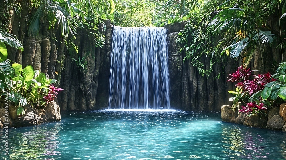 Naklejka premium A serene jungle waterfall flowing into a crystal-clear pool, surrounded by vibrant green leaves and tropical flowers