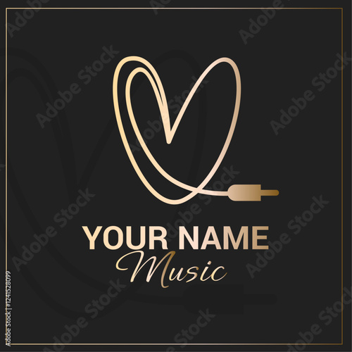 Hand drawn gold music logo with cord and heart