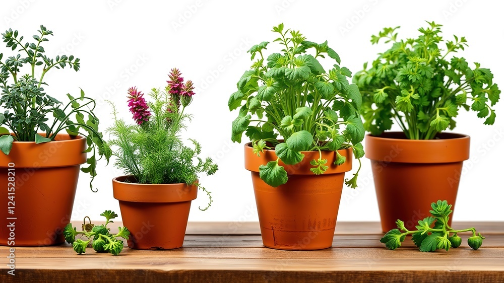 Herb Garden Delight: Terracotta Pots on Rustic Table Herb Garden Delight: Terracotta Pots on Rustic Table