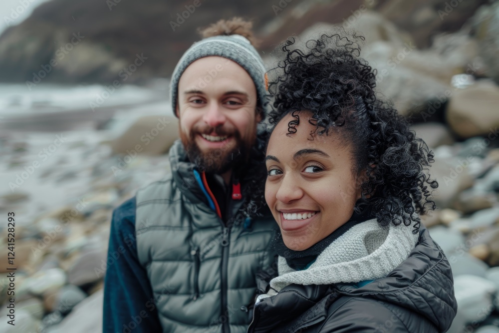 Portrait of a joyful mixed race couple in their 30s dressed in a water-resistant gilet on rocky shoreline background Portrait of a joyful mixed race couple in their 30s dressed in a water-resistant gilet on rocky shoreline background